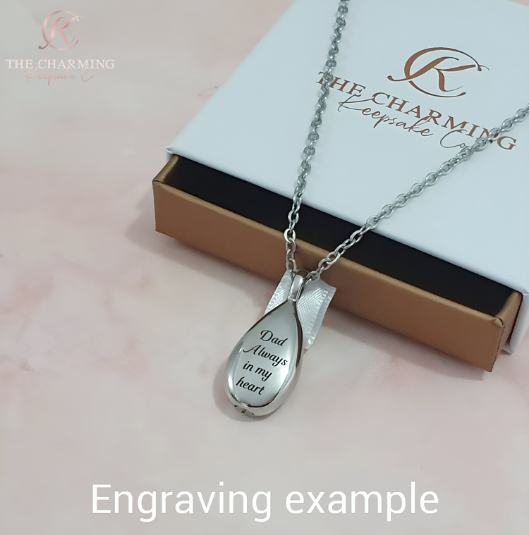 Engraved Teardrop Cremation Ashes Urn Necklace Silver The