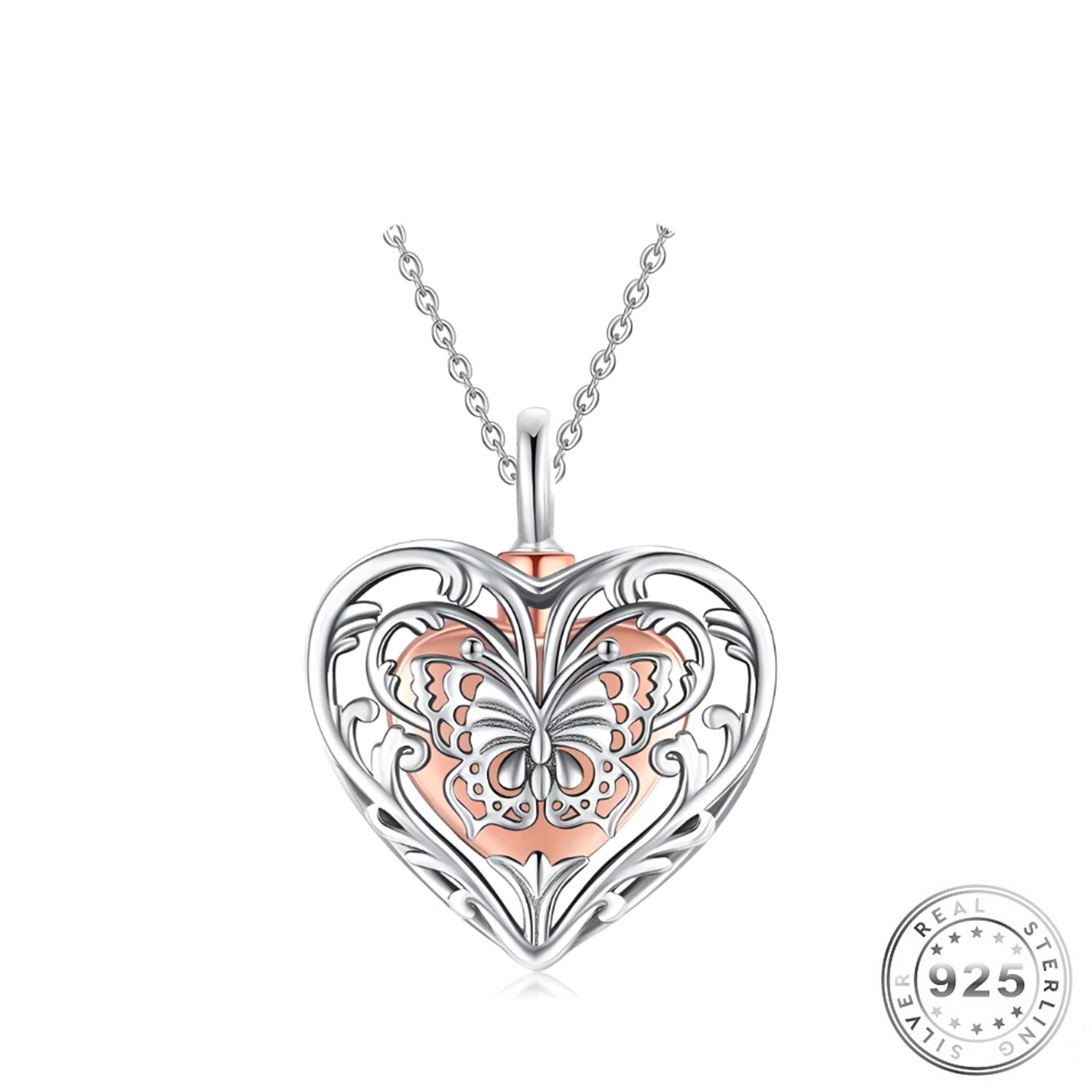 Cremation Ashes Butterfly Heart Necklace 925 Sterling Silver & Rose Gold memorial urn