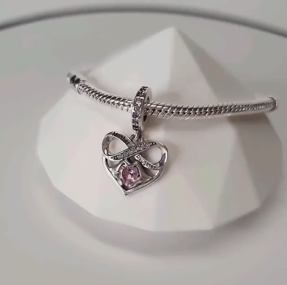 Mother & Daughter Heart Dangle Charm Genuine 925 Sterling Silver