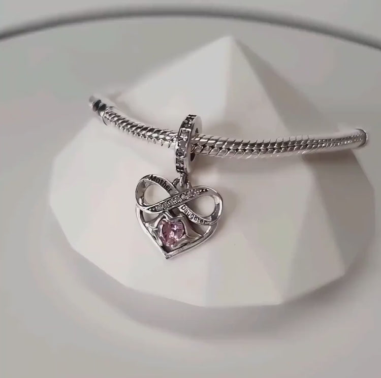 Mother & Daughter Heart Dangle Charm Genuine 925 Sterling Silver