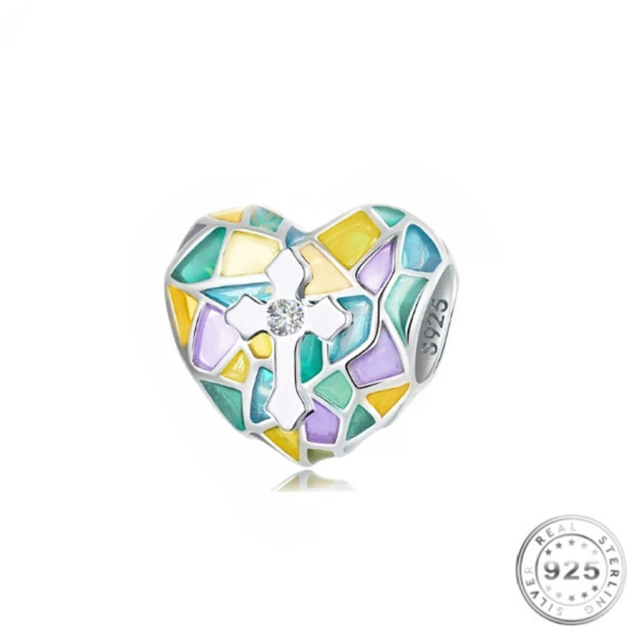 Cross in Church Stained Glass Heart Charm 925 Sterling Silver fits pandora