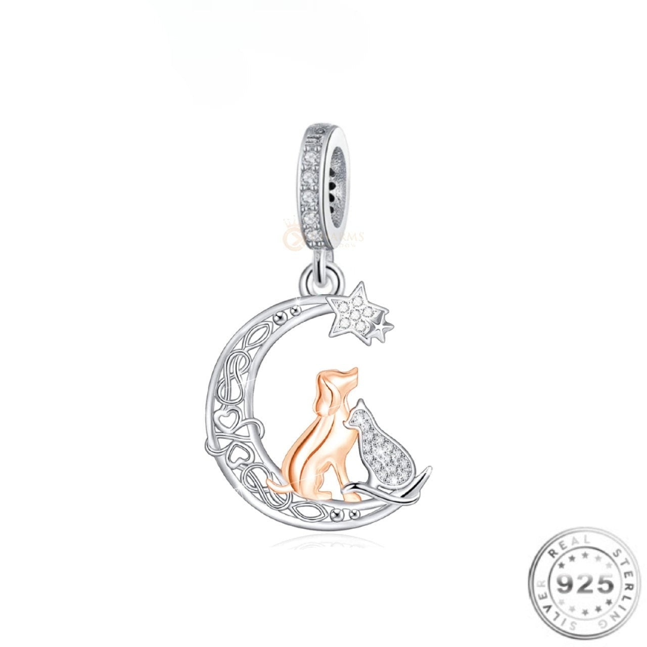 Dog & Cat in the Moon Charm 925 Sterling Silver fits pandora