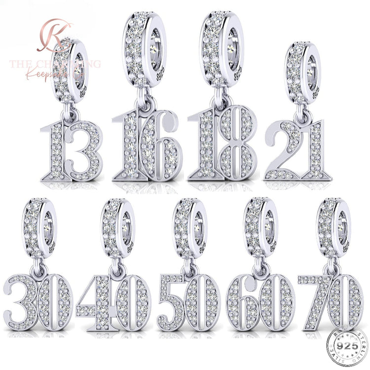 13th, 16th, 18th, 21st, 30th, 40th, 50th, 60th or 70th Birthday Years Charm 925 Sterling Silver fits Pandora bracelet