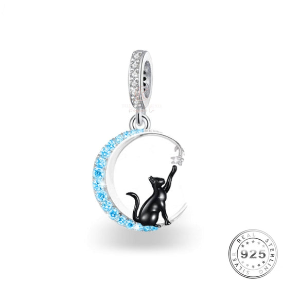Black Cat in the Moon Charm 925 Sterling Silver fits pandora