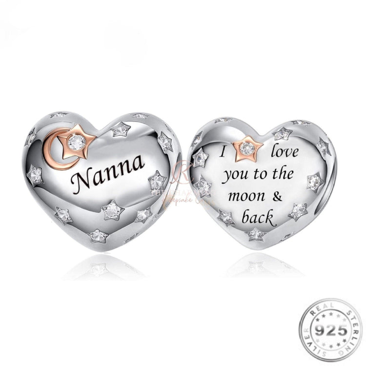 Nanna Heart Charm 925 Sterling Silver - I Love You to the Moon & Back fits pandora