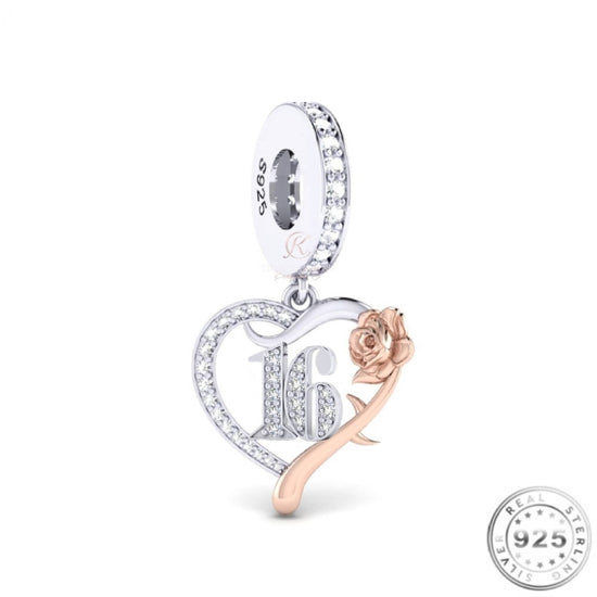 16th Birthday Charm 925 Sterling Silver & Rose Gold fits Pandora bracelets
