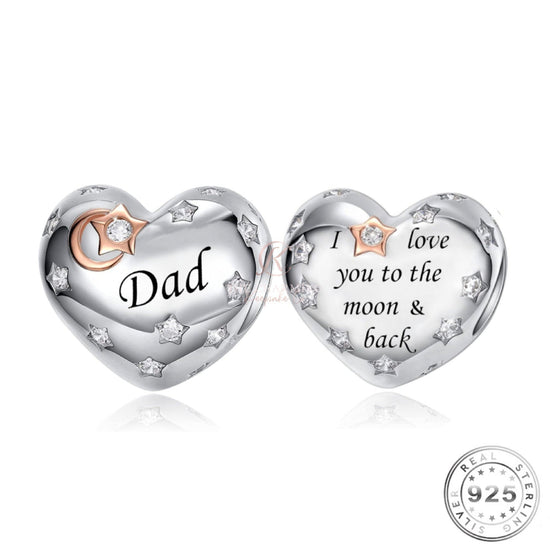 Dad Heart Charm 925 Sterling Silver - I Love You to the Moon & Back