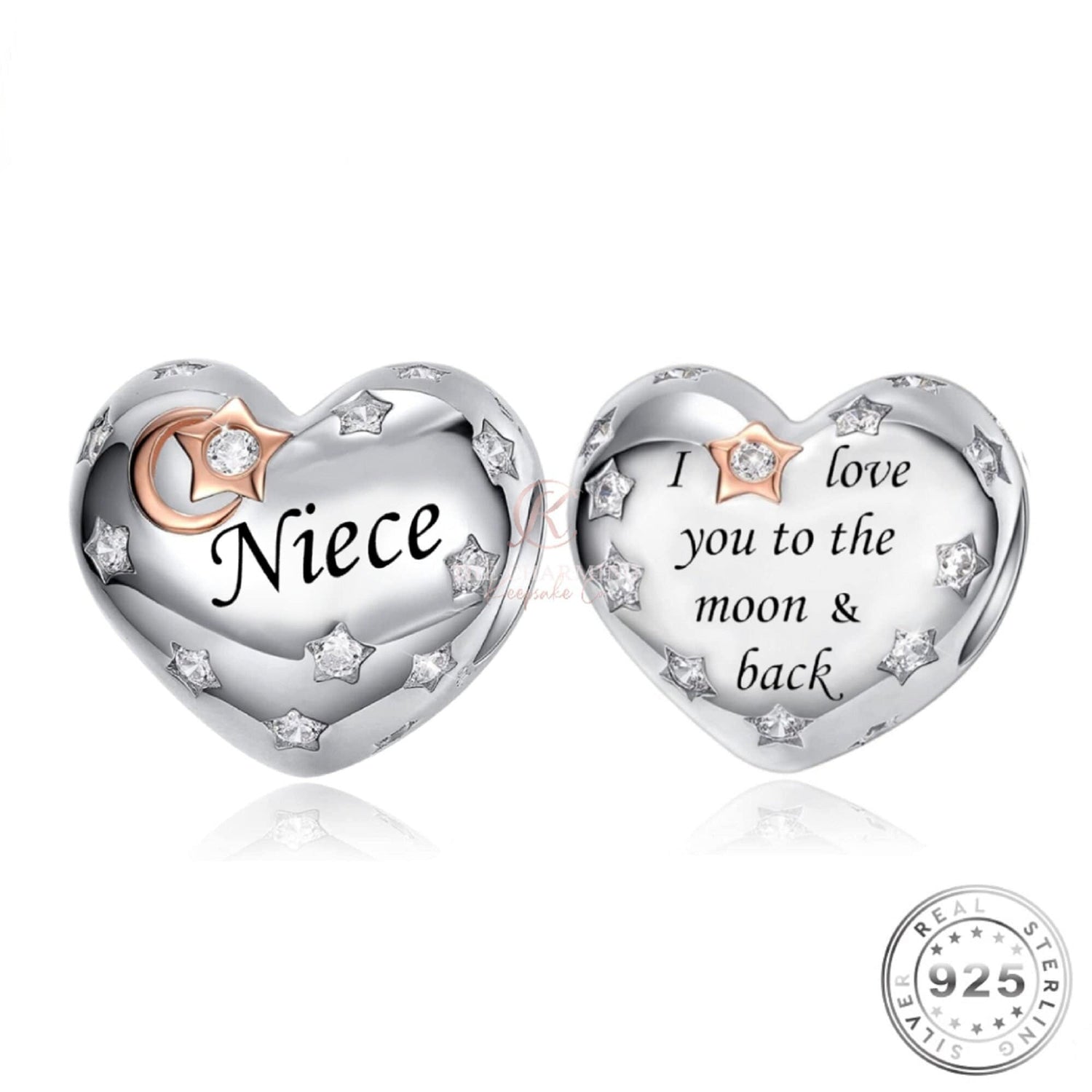 Niece Heart Charm 925 Sterling Silver - I Love You to the Moon & Back fits pandora