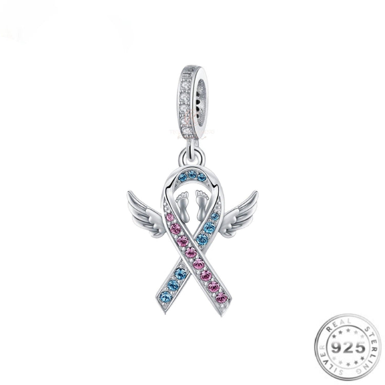 Baby Loss Awareness Ribbon Angel Wings Memorial Charm 925 Sterling Silver fits Pandora bracelets