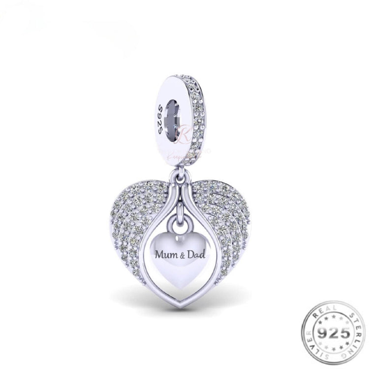 Mum and Dad Angel Wings Memorial Charm 925 Sterling Silver fits Pandora bracelets