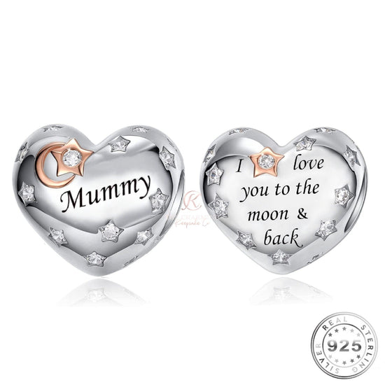 Mummy Heart Charm 925 Sterling Silver - I Love You to the Moon & Back fits pandora