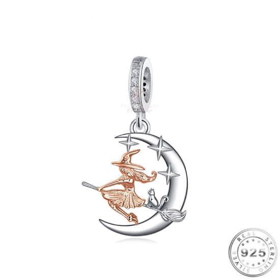 Witch & Cat In Moon Charm 925 Sterling Silver fits pandora