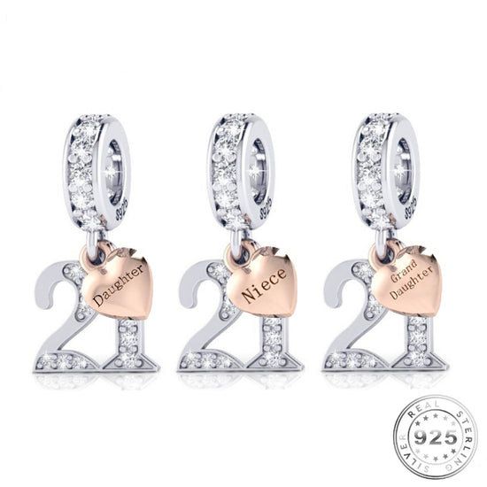 21st Birthday Charm 925 Sterling Silver Daughter, Niece or Granddaughter fits pandora
