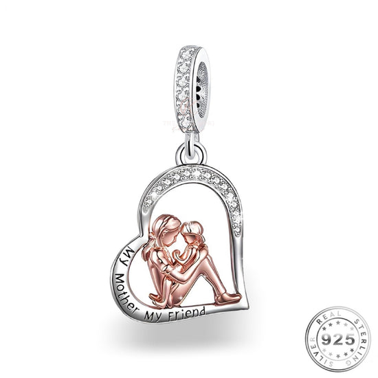 Ma mère, mon ami, breloque cœur en argent sterling 925 et or rose