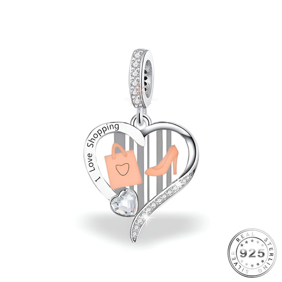 „I Love Shopping“-Charm aus 925er Sterlingsilber und Roségold